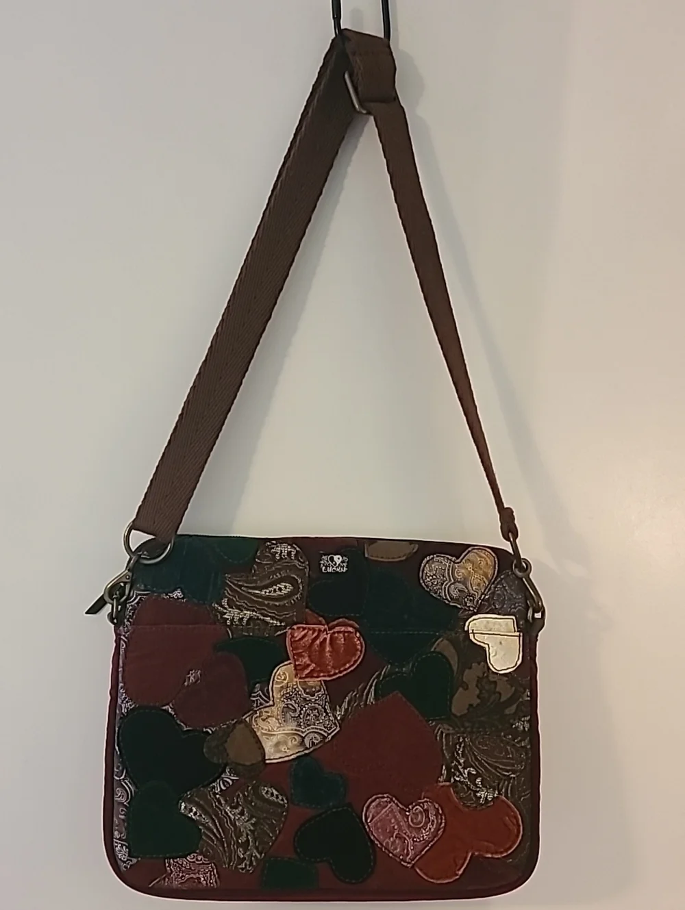 Vtg Y2K Lucky Brand Patchwork Heart Crossbody Boho Velvet Corduroy Laptop Tote